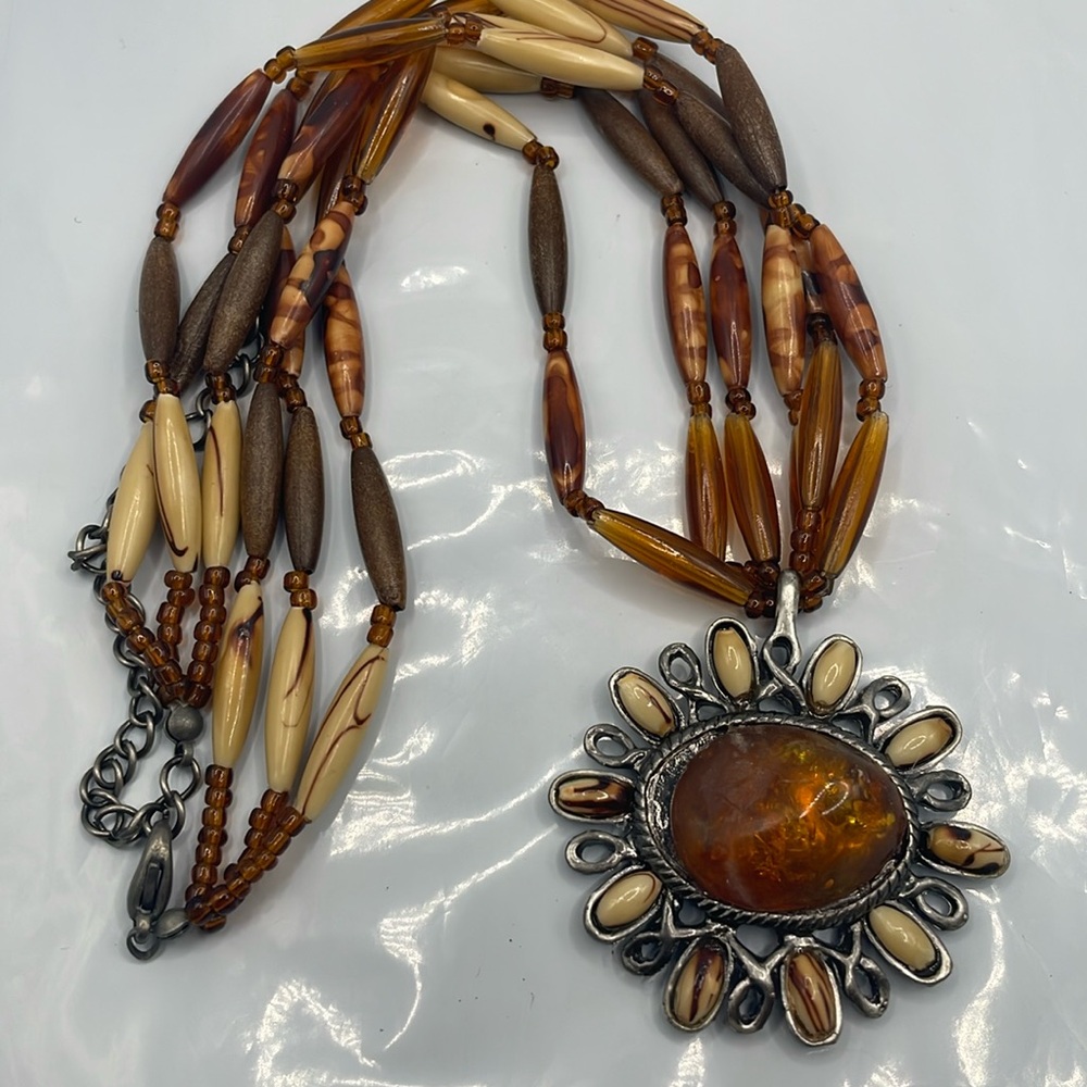 Boho amber wood shell necklace